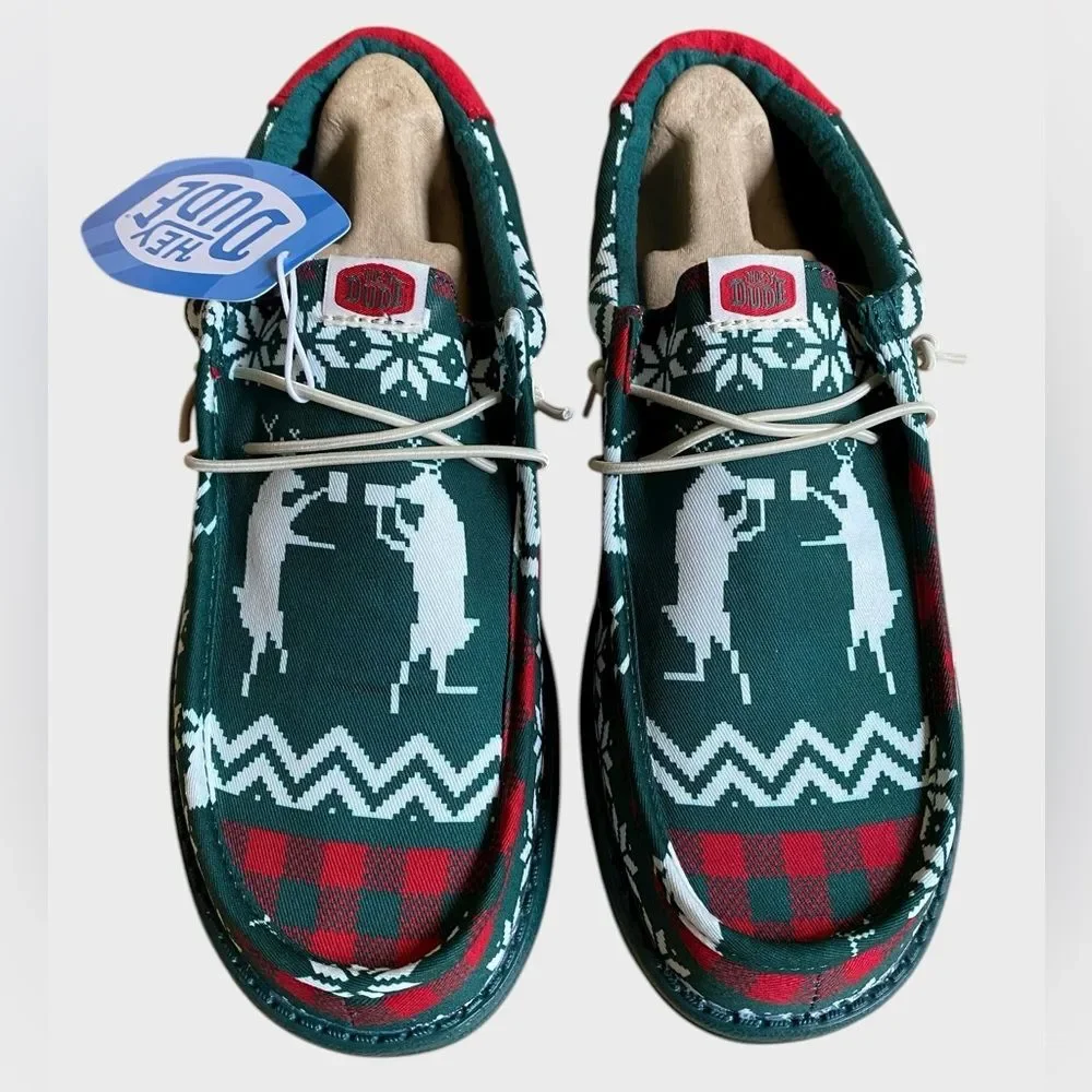 NWB Hey Dude Men's Wally Holiday Cheers Slip-On Shoes 9 Green/Multi Comfy Preppy